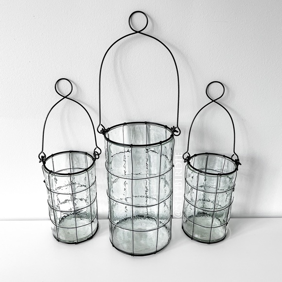 NEW Set of 3 Glass Lanterns with Black Wire Detail - Picture 7 of 12